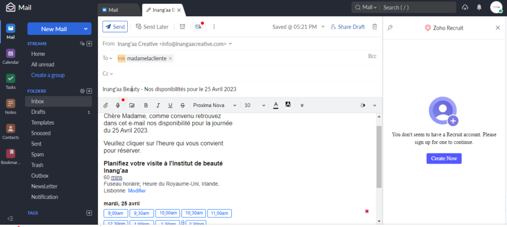 Créneau Calendly dans email